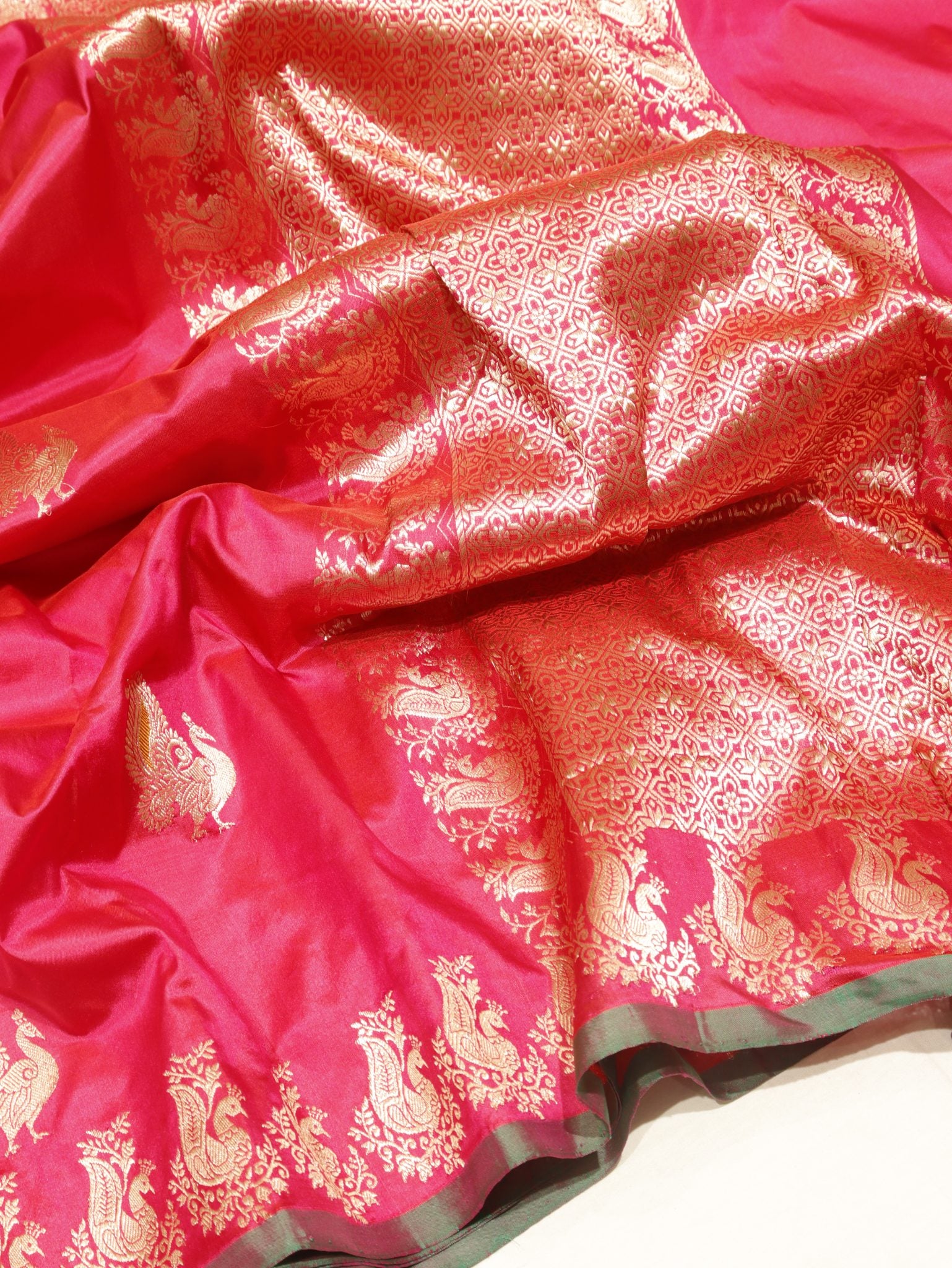 Dark Pink Katan Silk Banarasi saree front drape view
