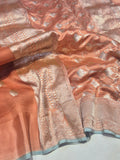 Warm Rust Peach Kora Silk Banarasi saree front drape view