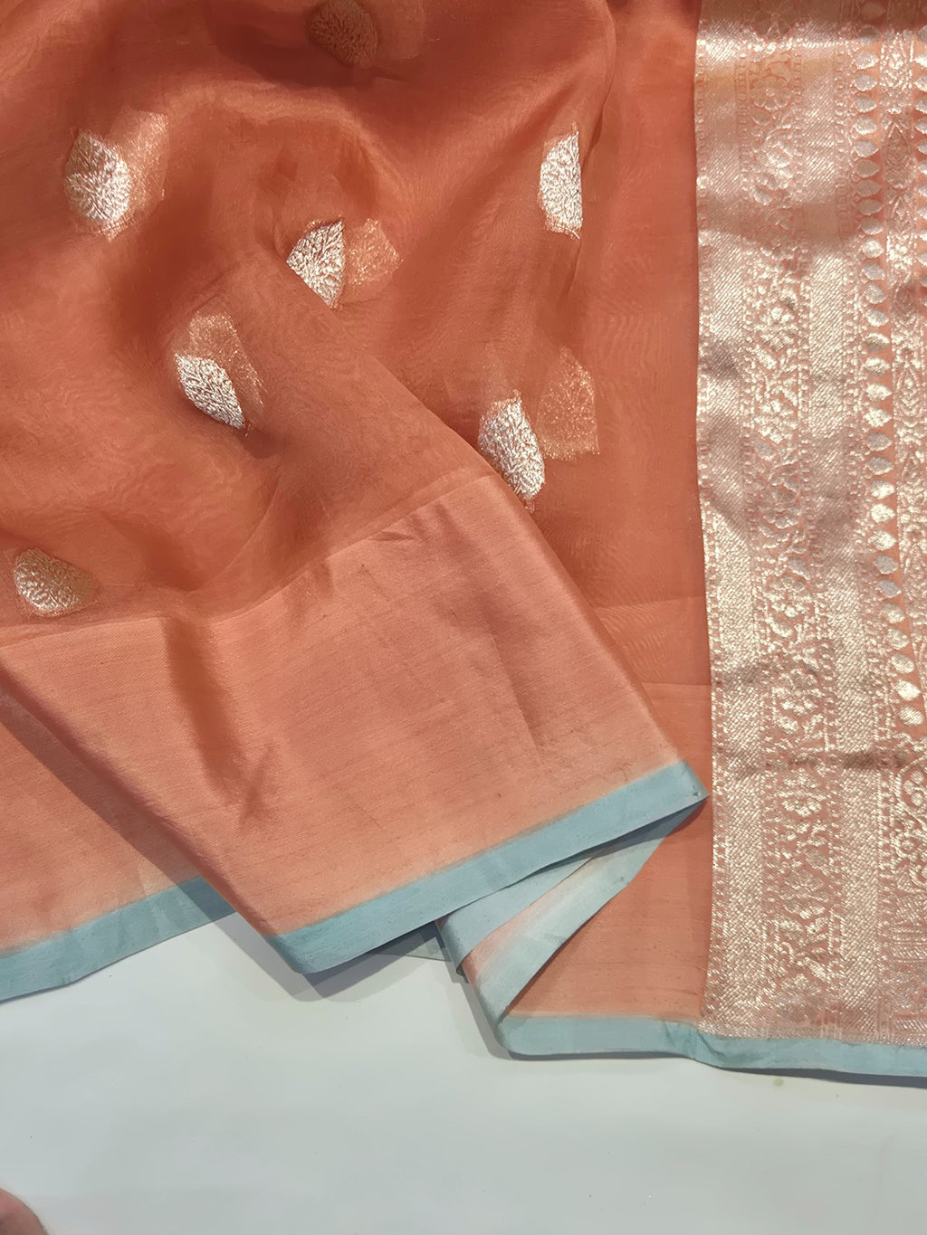 Warm Rust Peach Kora Silk Banarasi saree blouse piece