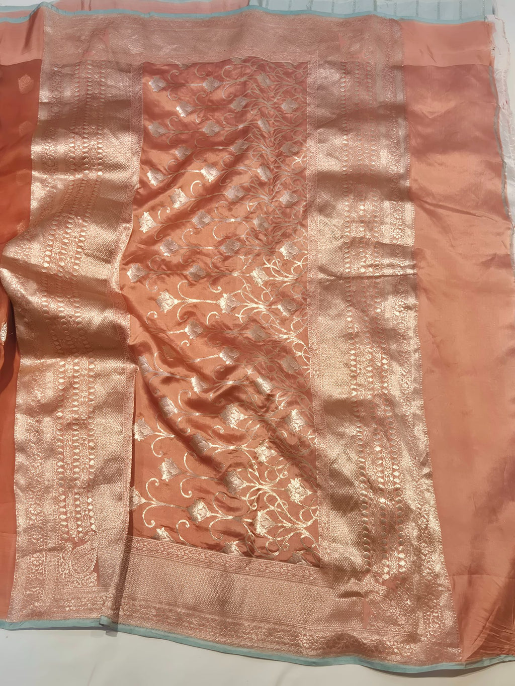 Warm Rust Peach Kora Silk Banarasi saree full spread