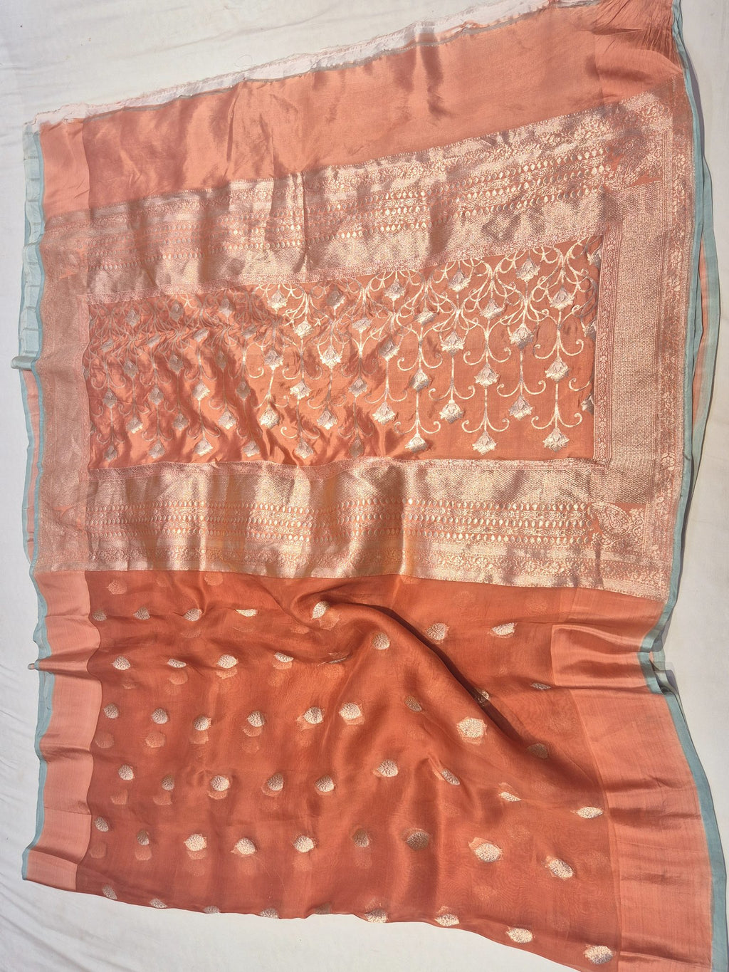 Warm Rust Peach Kora Silk Banarasi saree zari work detail