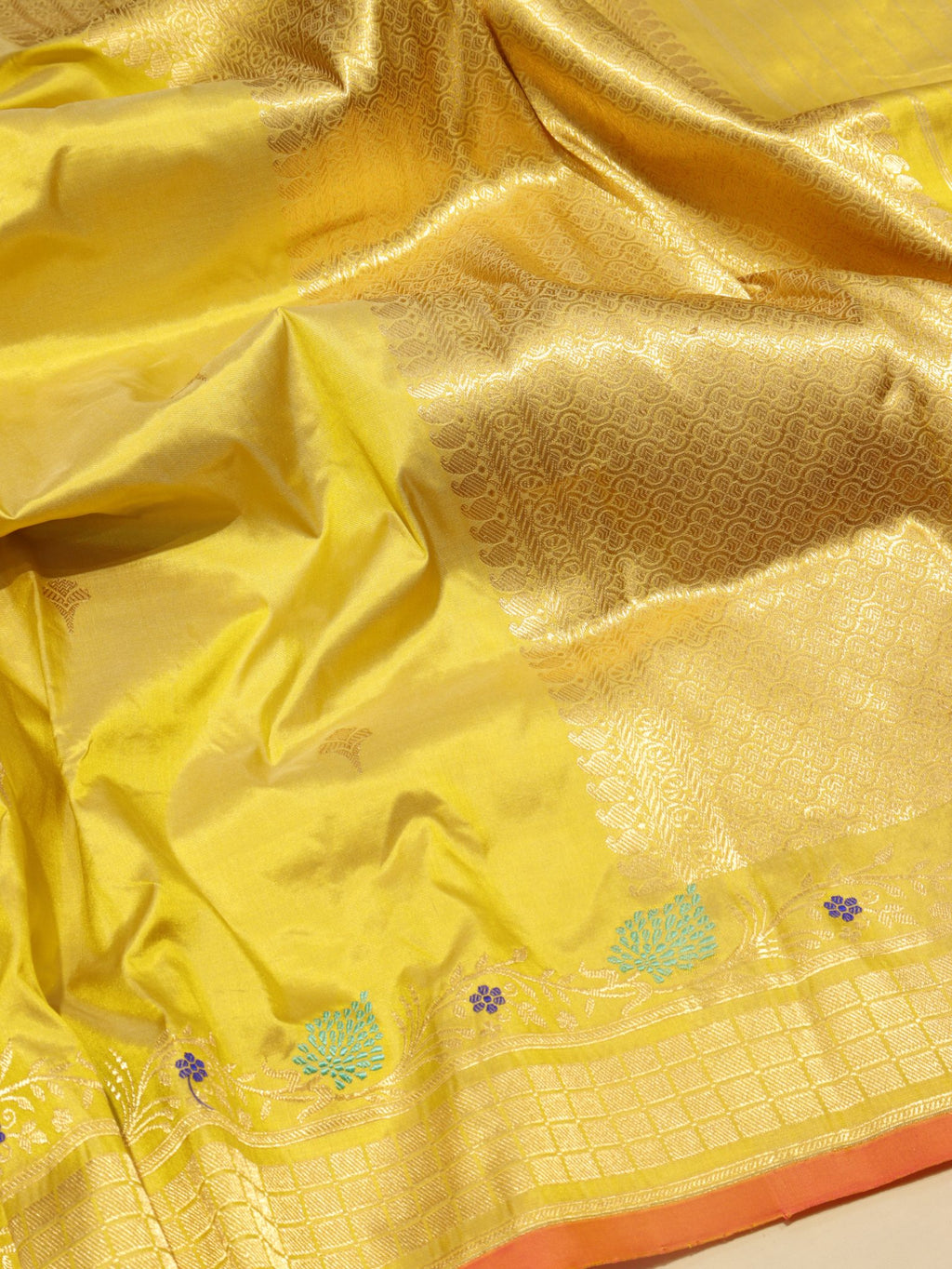 Yellow Katan Silk Banarasi saree front drape view