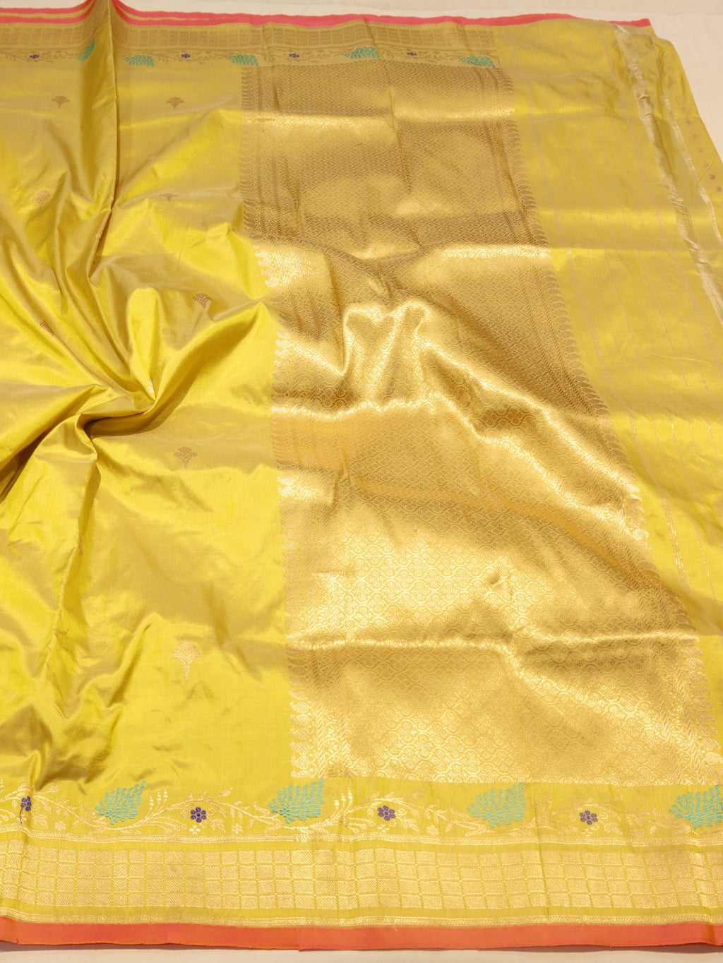 Yellow Katan Silk Banarasi saree full spread