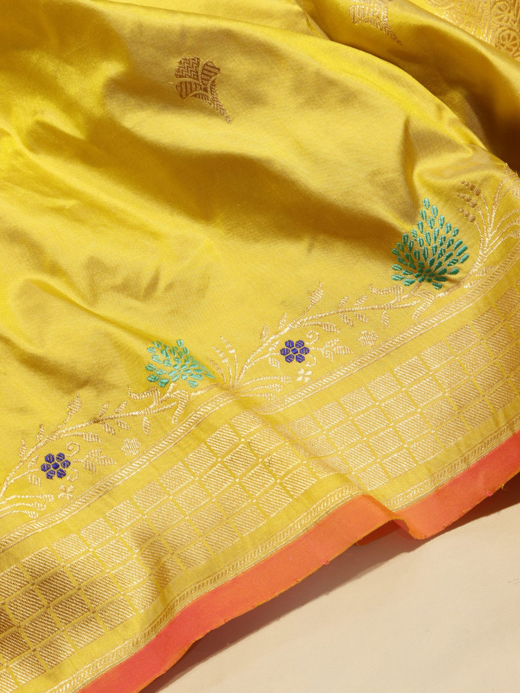 Yellow Katan Silk Banarasi saree texture detail