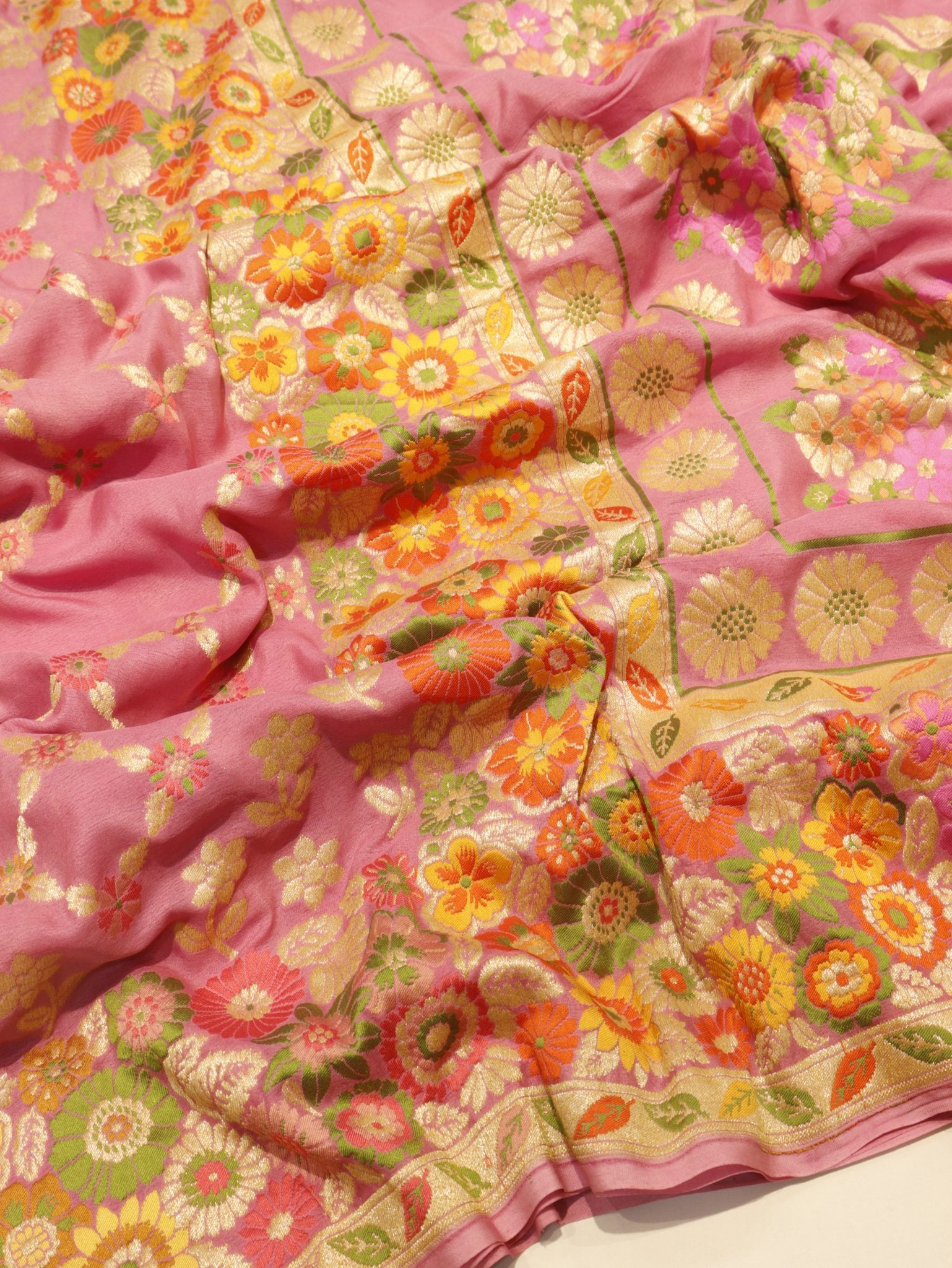 Pink Khaddi Georgette Banarasi saree front drape view
