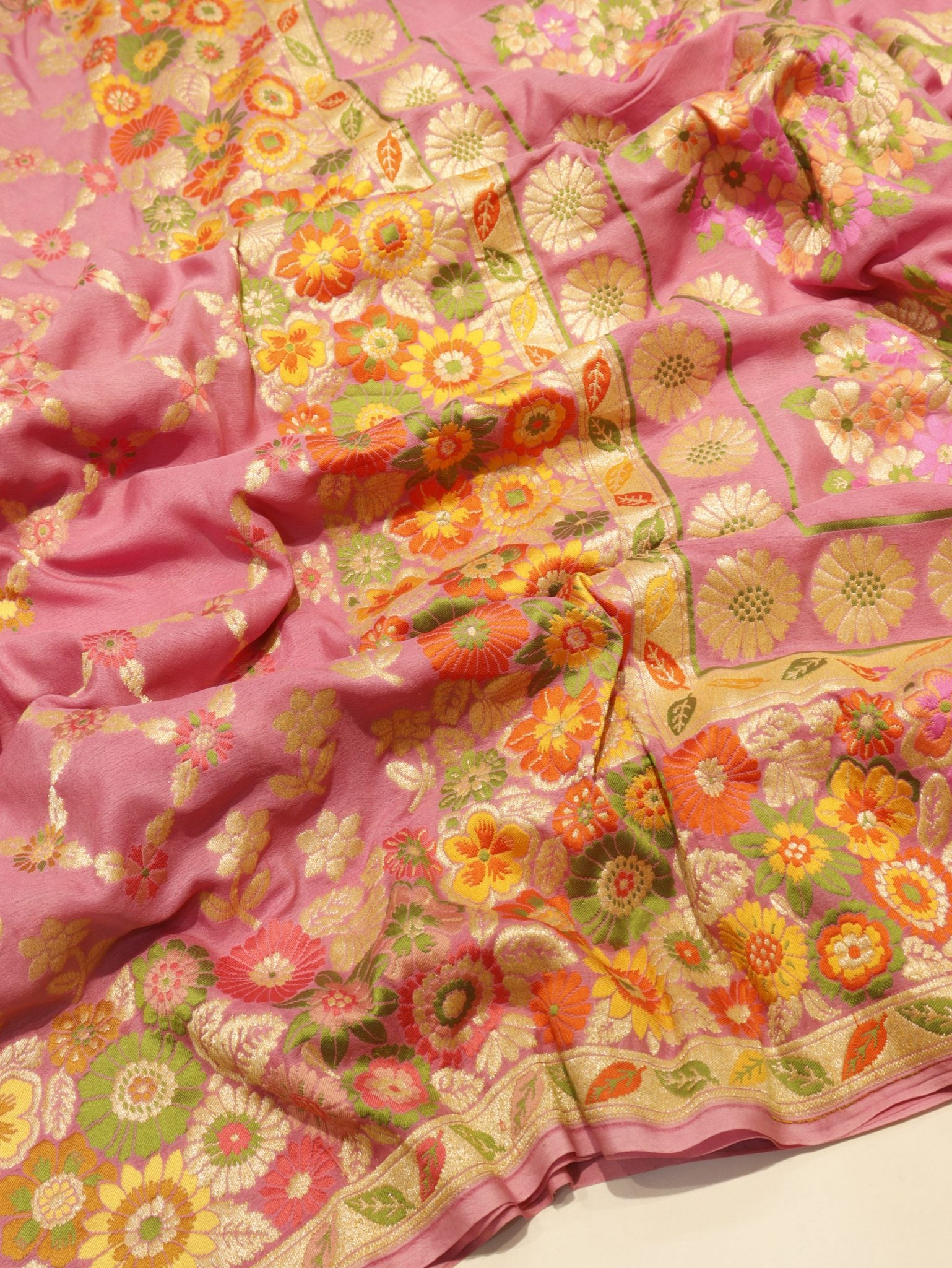 Pink Khaddi Georgette Banarasi saree pallu detail