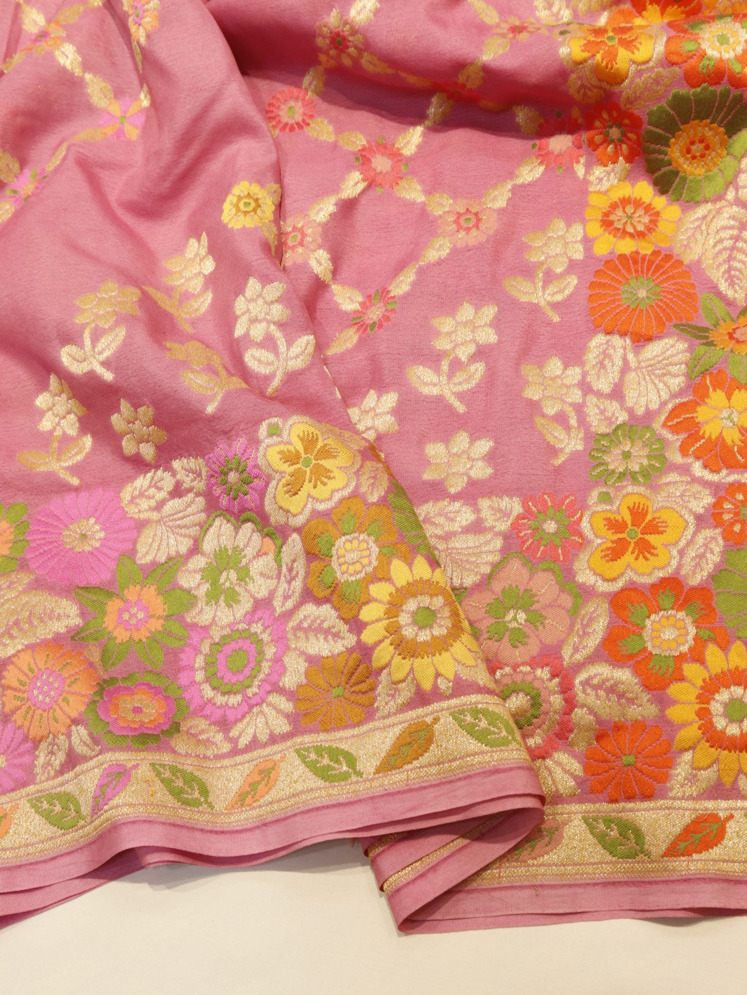 Pink Khaddi Georgette Banarasi saree texture detail
