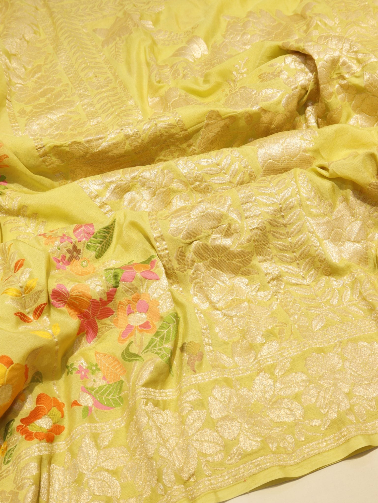 Lemon Yellow Khaddi Georgette Banarasi saree front drape view