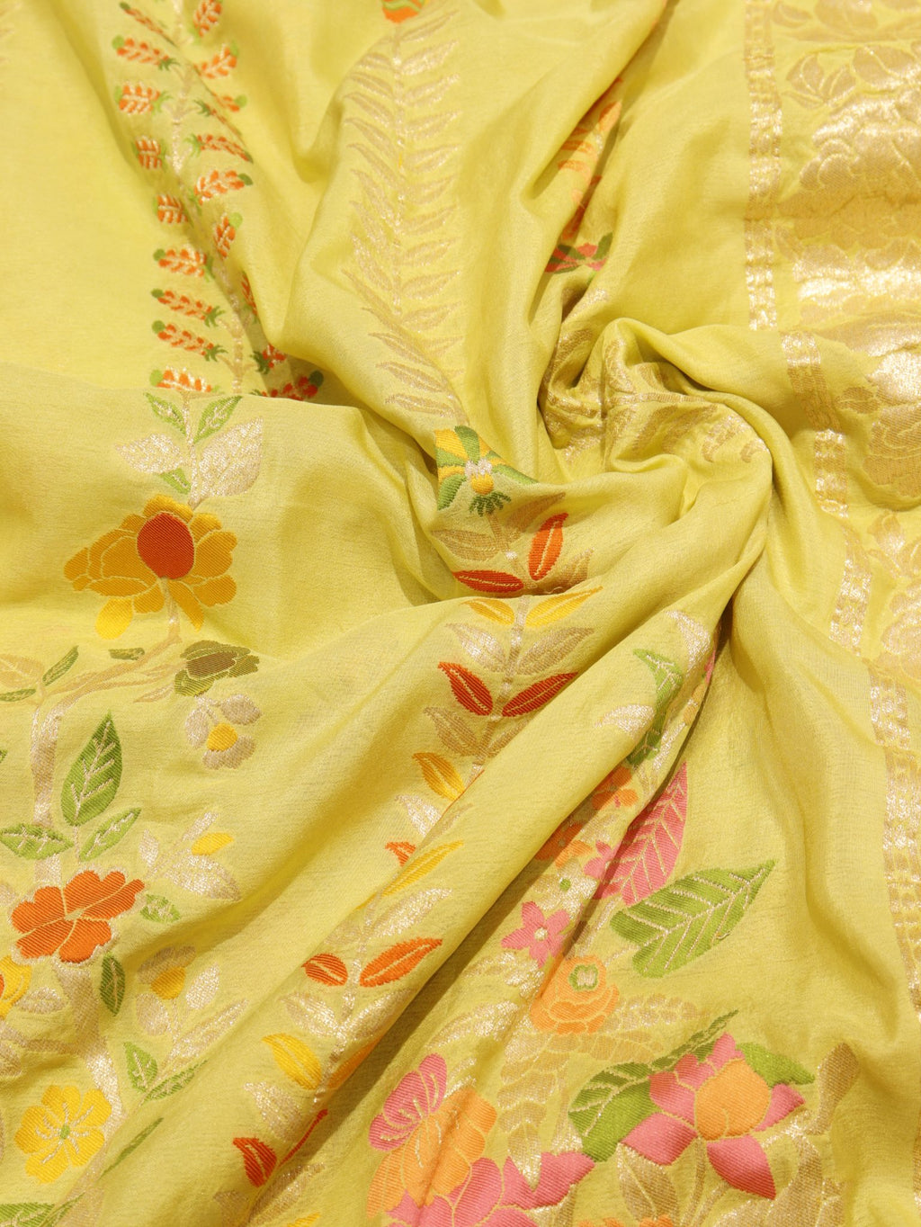 Lemon Yellow Khaddi Georgette Banarasi saree pallu detail