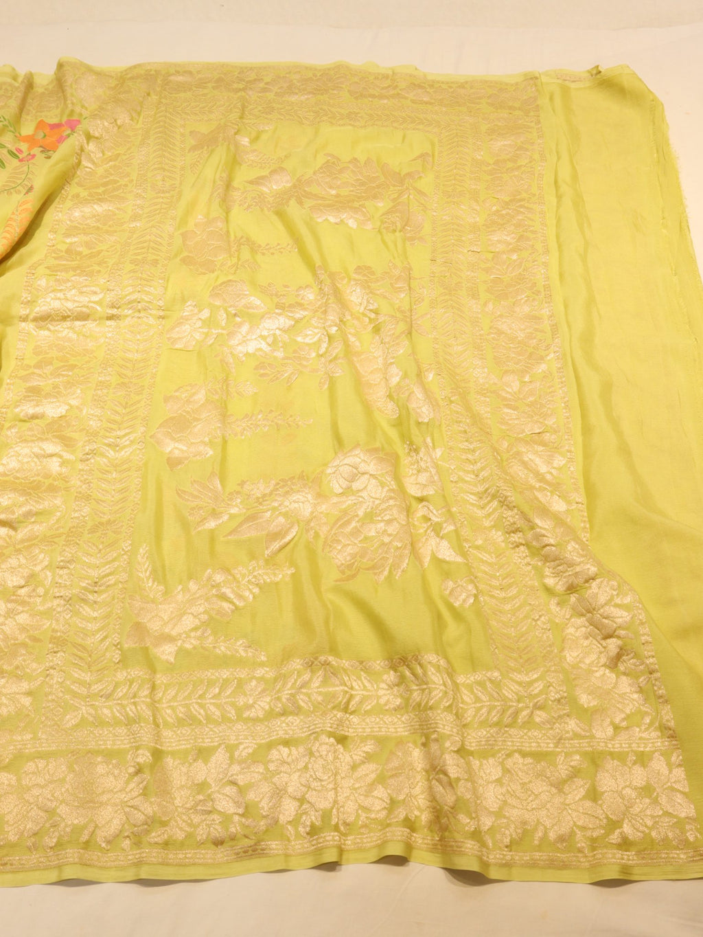 Lemon Yellow Khaddi Georgette Banarasi saree border closeup