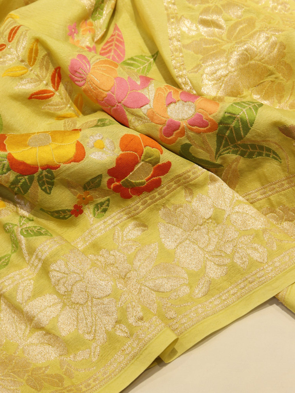 Lemon Yellow Khaddi Georgette Banarasi saree full spread