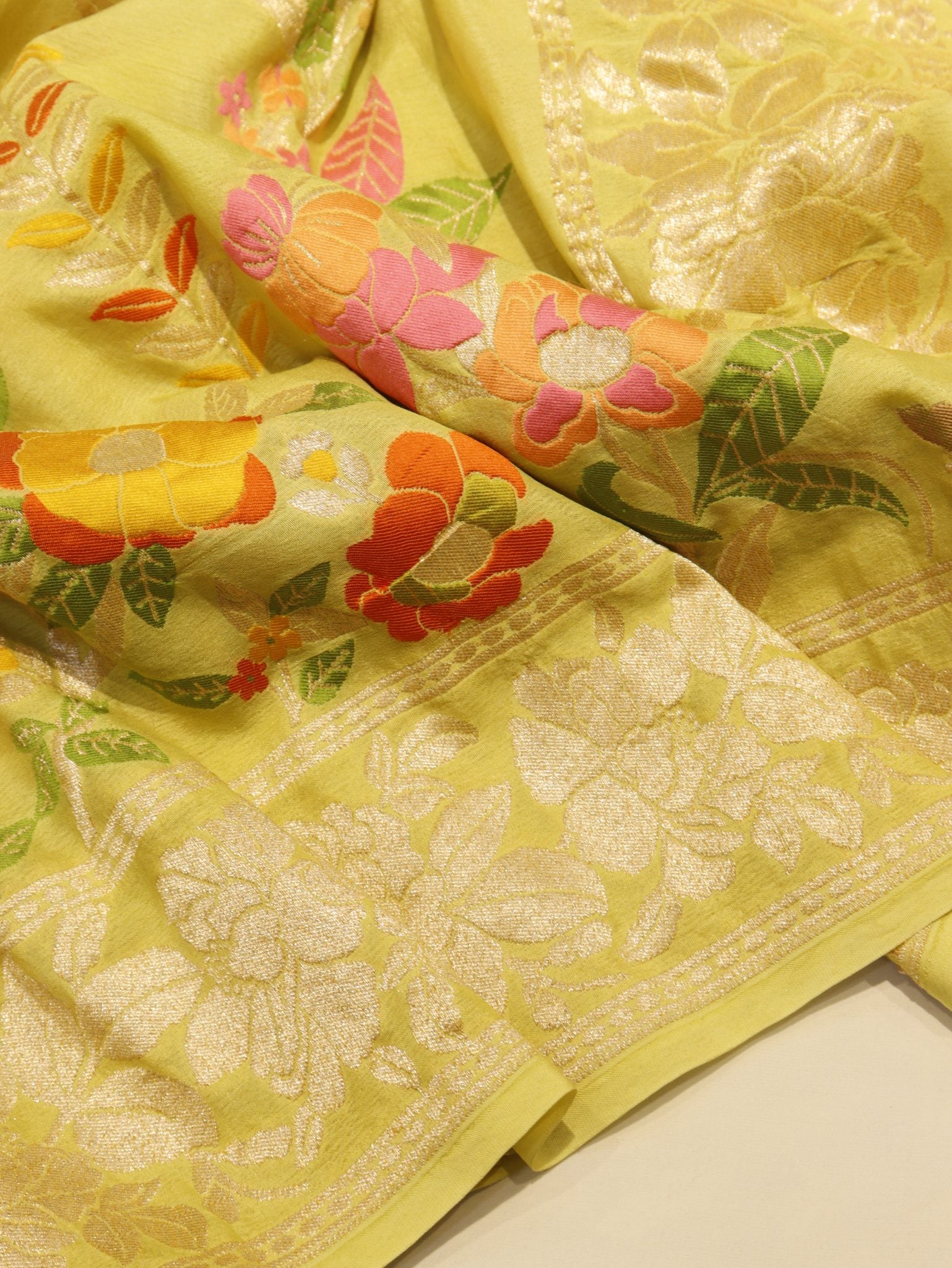 Lemon Yellow Khaddi Georgette Banarasi saree full spread