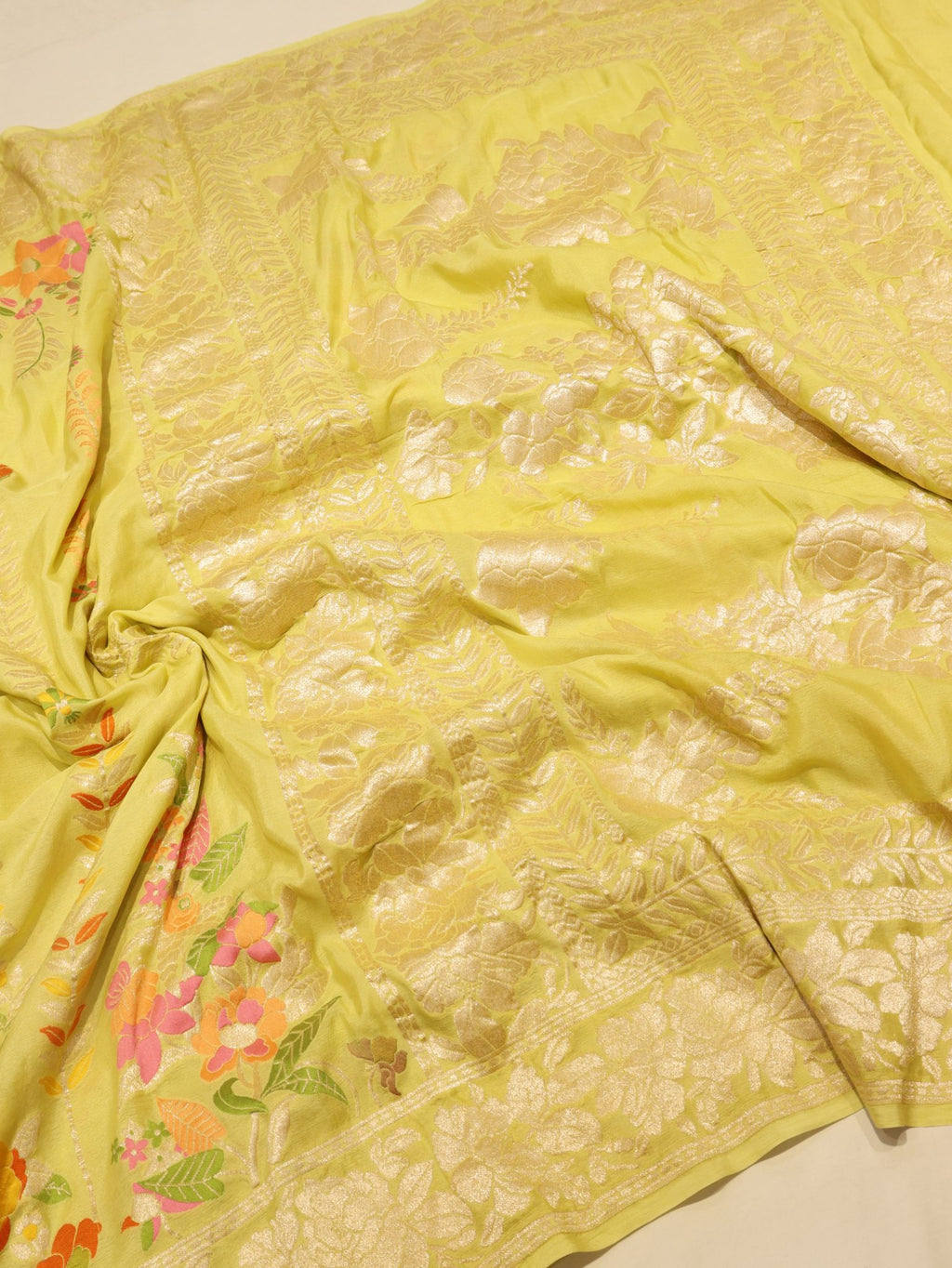 Lemon Yellow Khaddi Georgette Banarasi saree texture detail