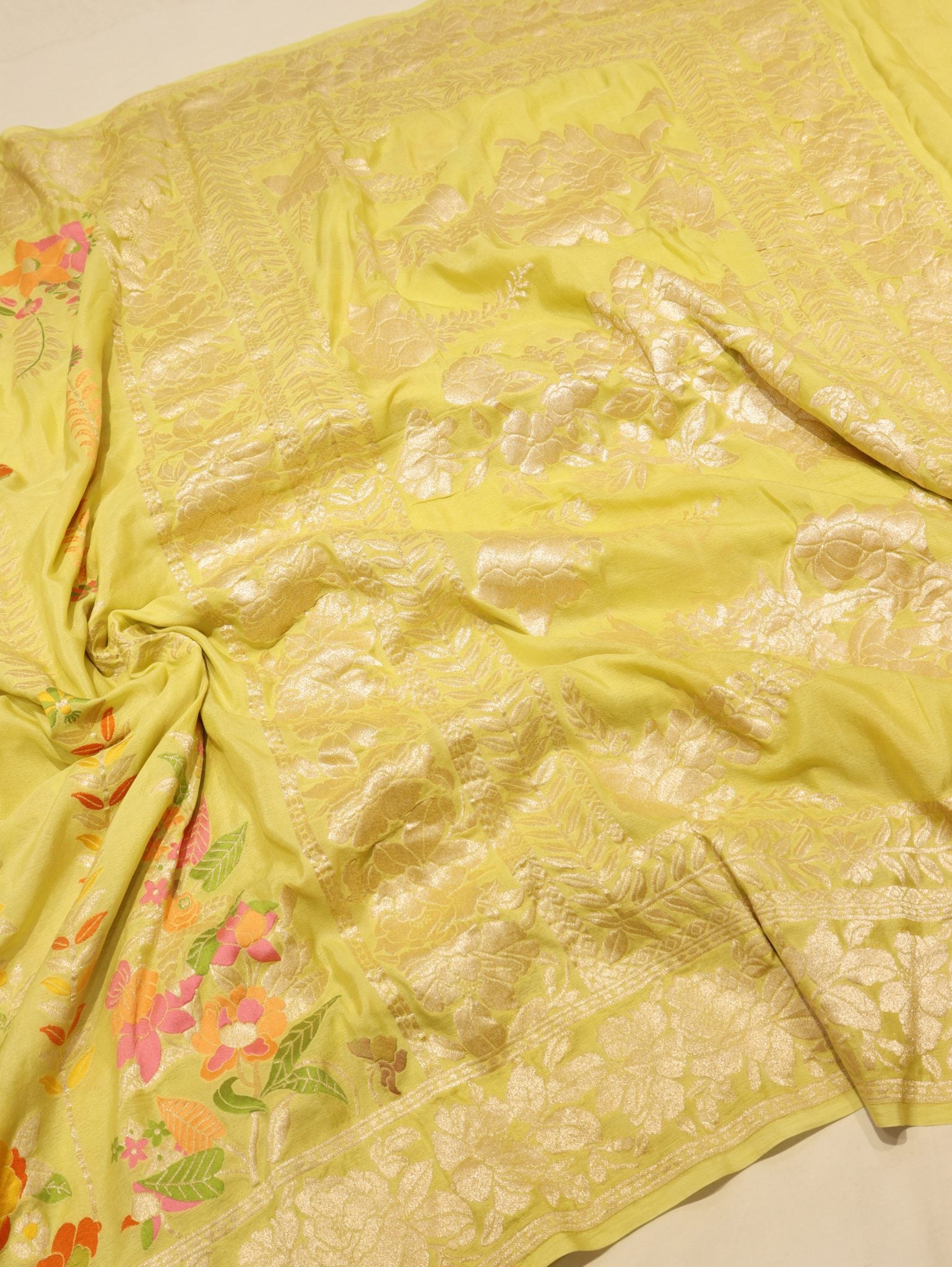 Lemon Yellow Khaddi Georgette Banarasi saree texture detail