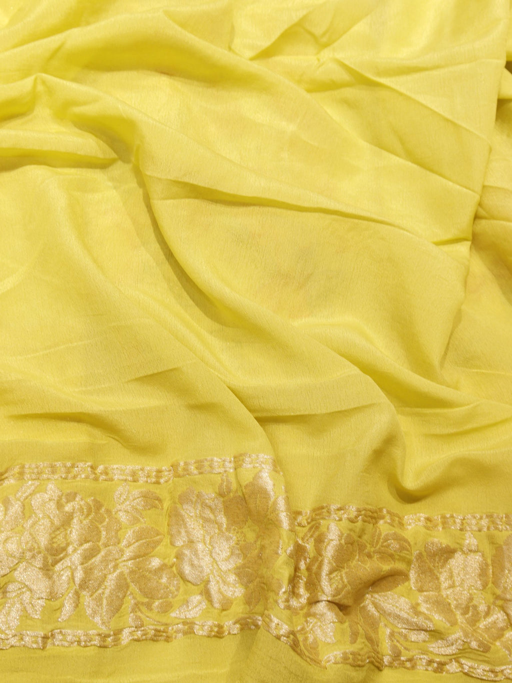 Lemon Yellow Khaddi Georgette Banarasi saree zari work detail