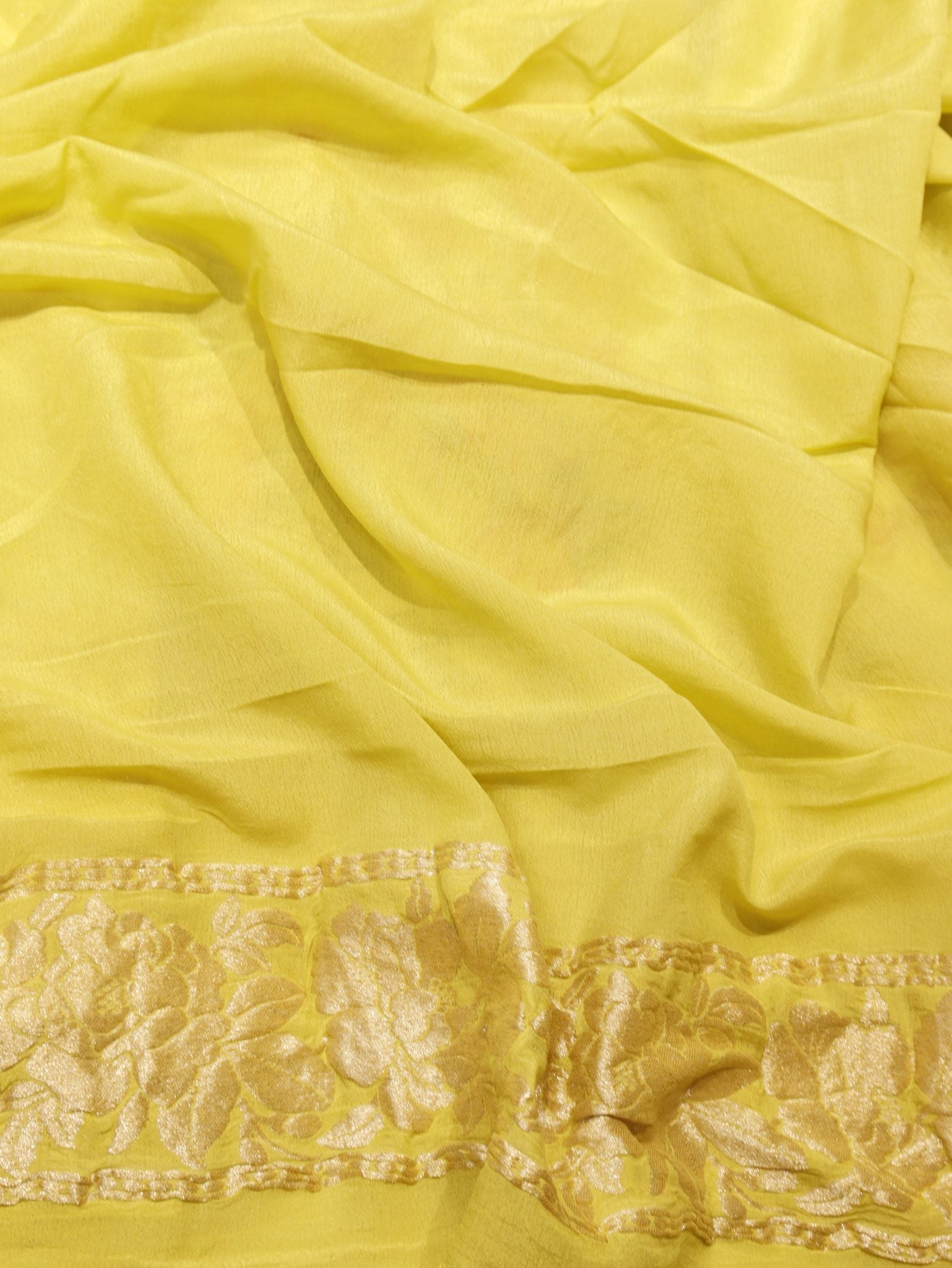 Lemon Yellow Khaddi Georgette Banarasi saree zari work detail