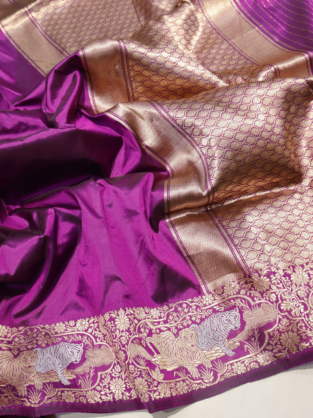Purple Plum Katan Silk Banarasi saree front drape view