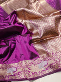 Purple Plum Katan Silk Banarasi saree front drape view