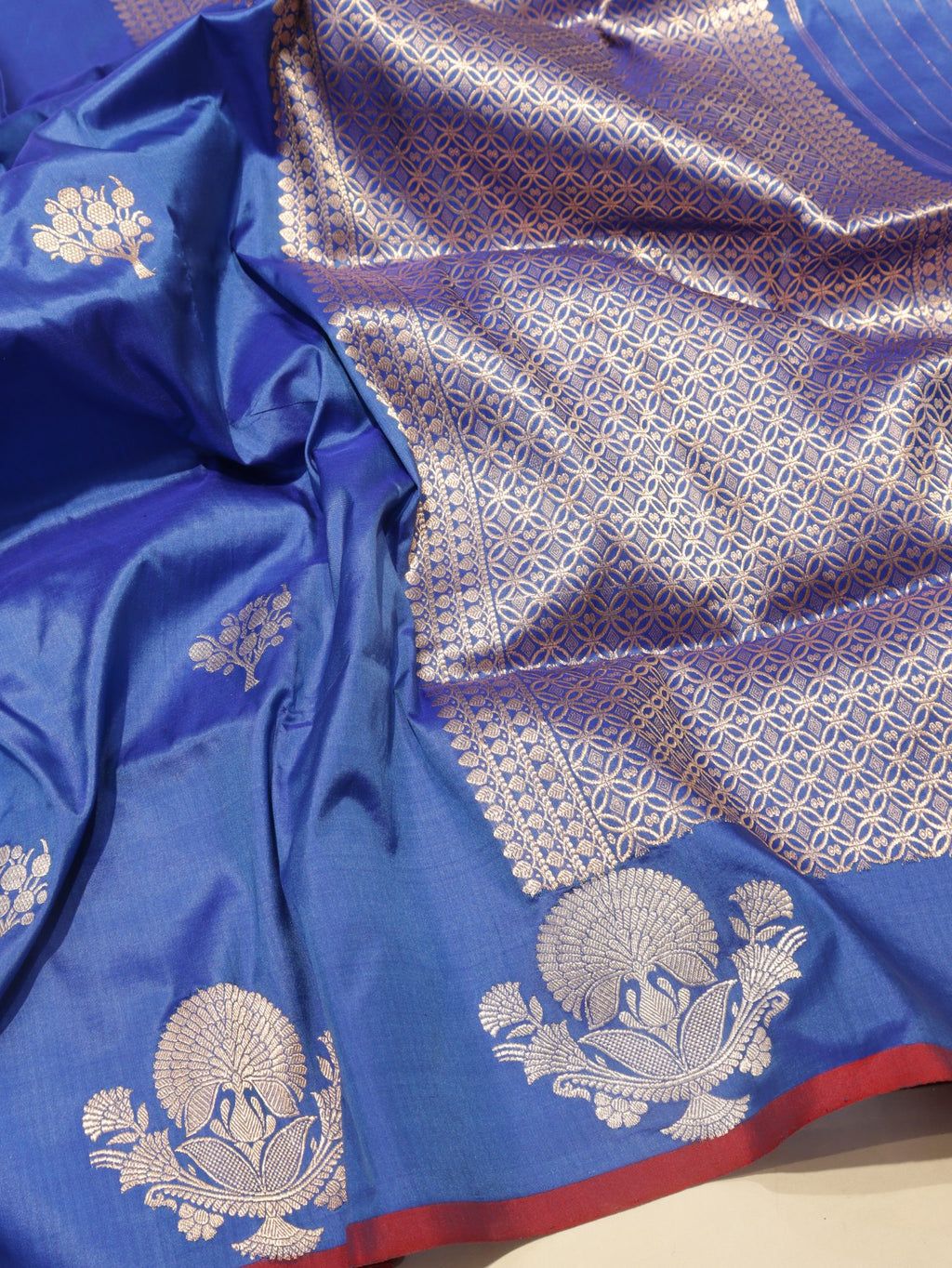 Blue Katan Silk Banarasi saree front drape view