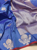 Blue Katan Silk Banarasi saree front drape view