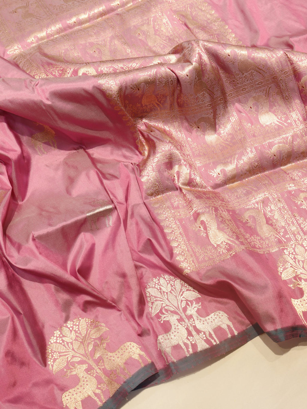 Pink Katan Silk Banarasi saree front drape view