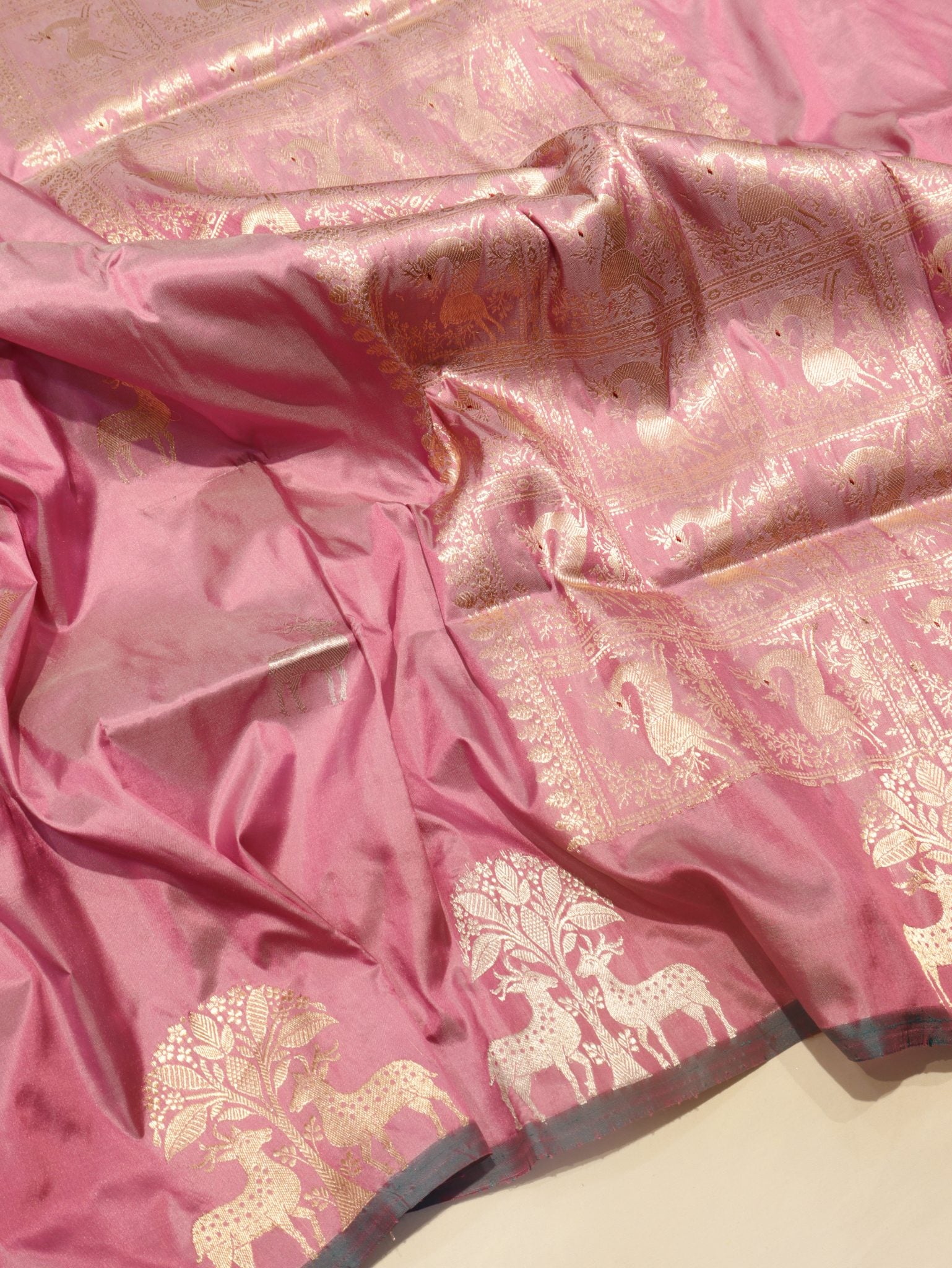 Pink Katan Silk Banarasi saree front drape view