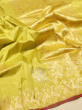 Lemon Yellow Katan Silk Banarasi saree front drape view