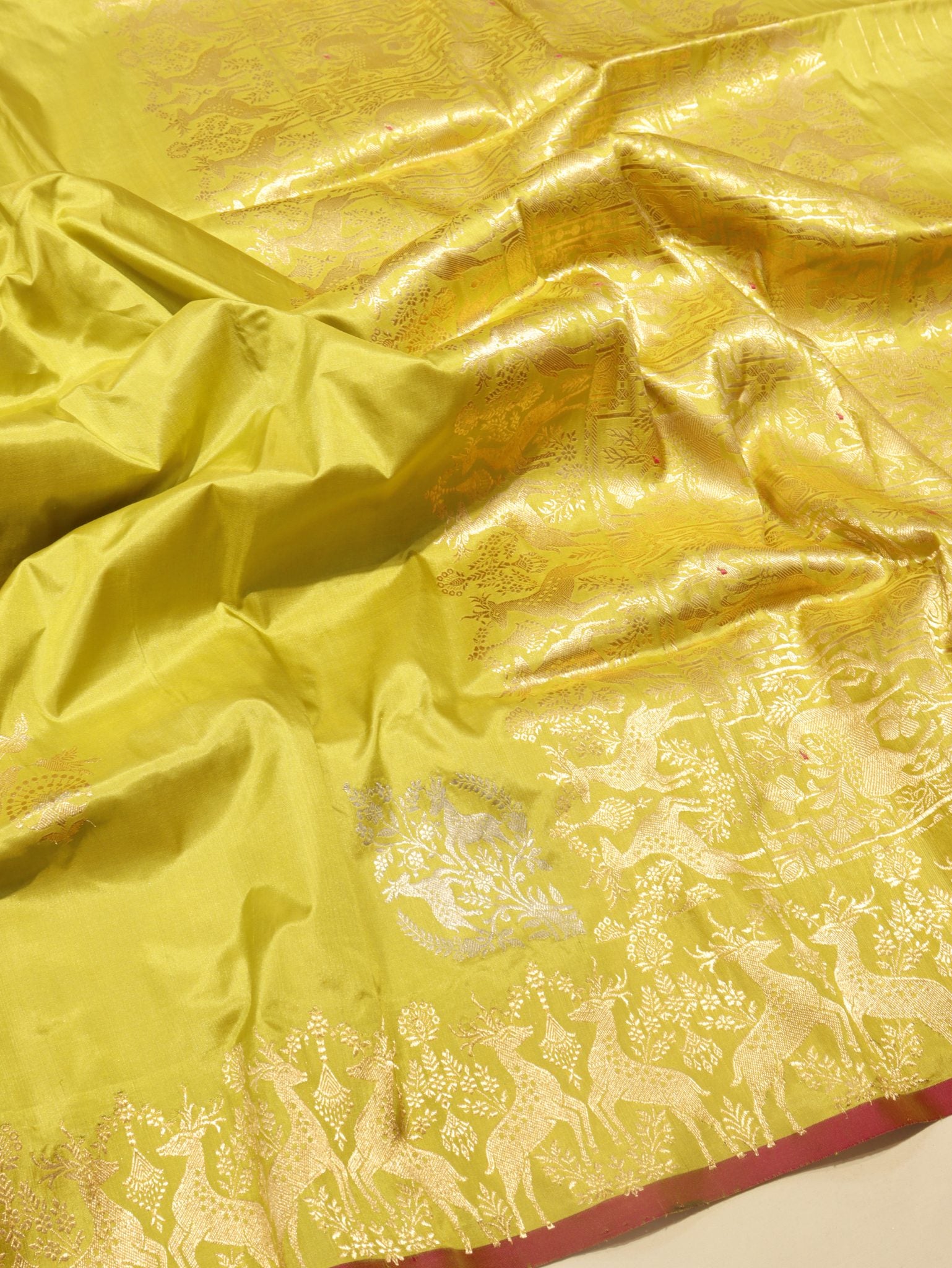 Lemon Yellow Katan Silk Banarasi saree front drape view