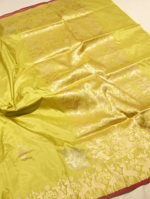 Lemon Yellow Katan Silk Banarasi saree pallu detail