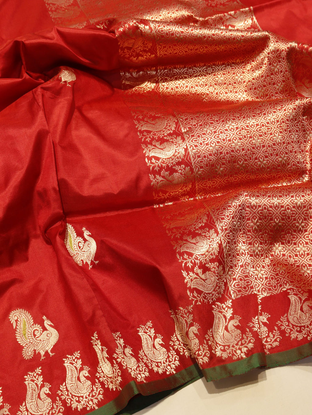 Red Katan Silk Banarasi saree front drape view