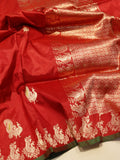 Red Katan Silk Banarasi saree front drape view