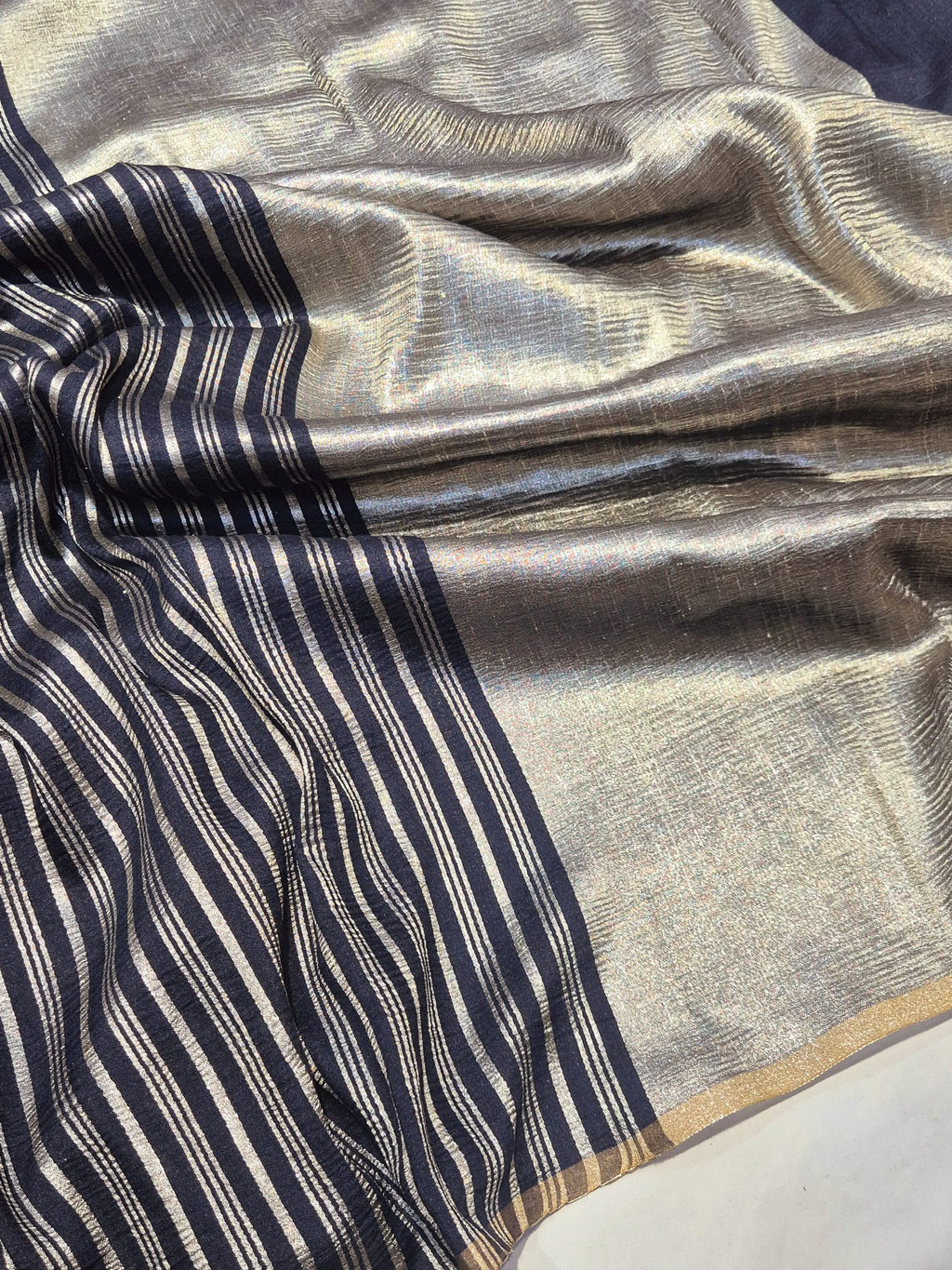 Deep Midnight Blue Moonga Silk Banarasi saree front drape view