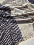 Deep Midnight Blue Moonga Silk Banarasi saree front drape view