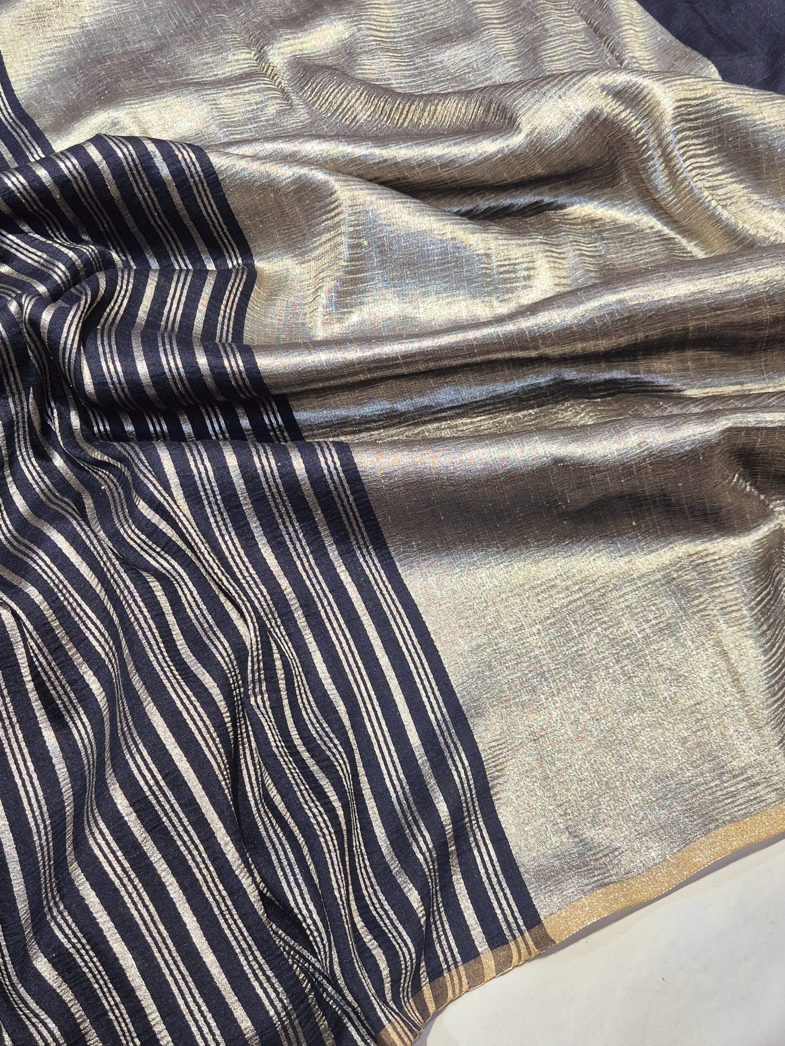 Deep Midnight Blue Moonga Silk Banarasi saree front drape view
