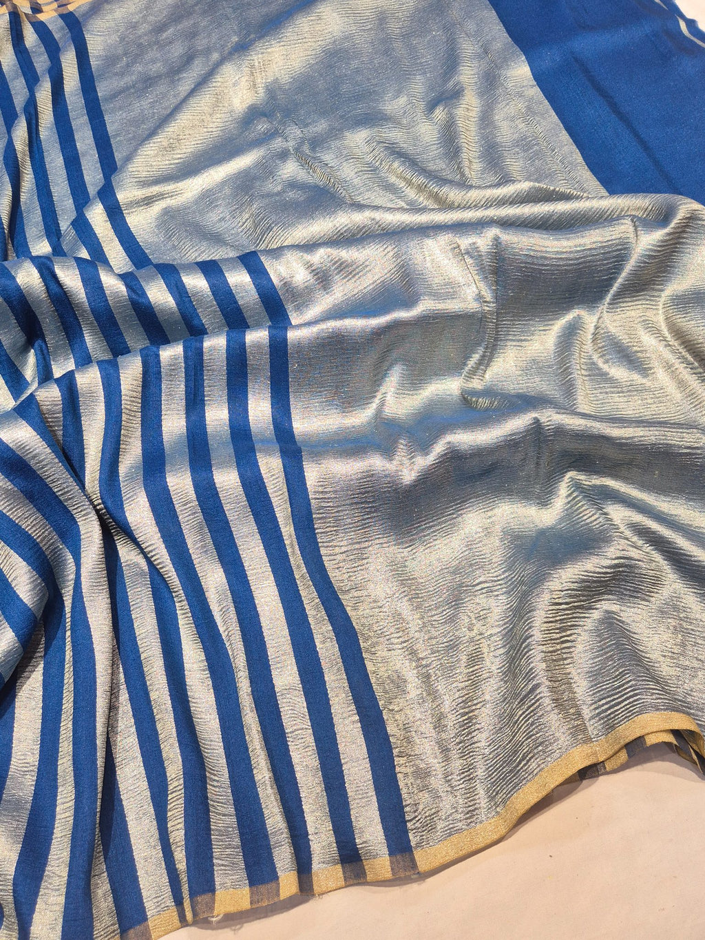 Peacock Blue Moonga Silk Banarasi saree front drape view