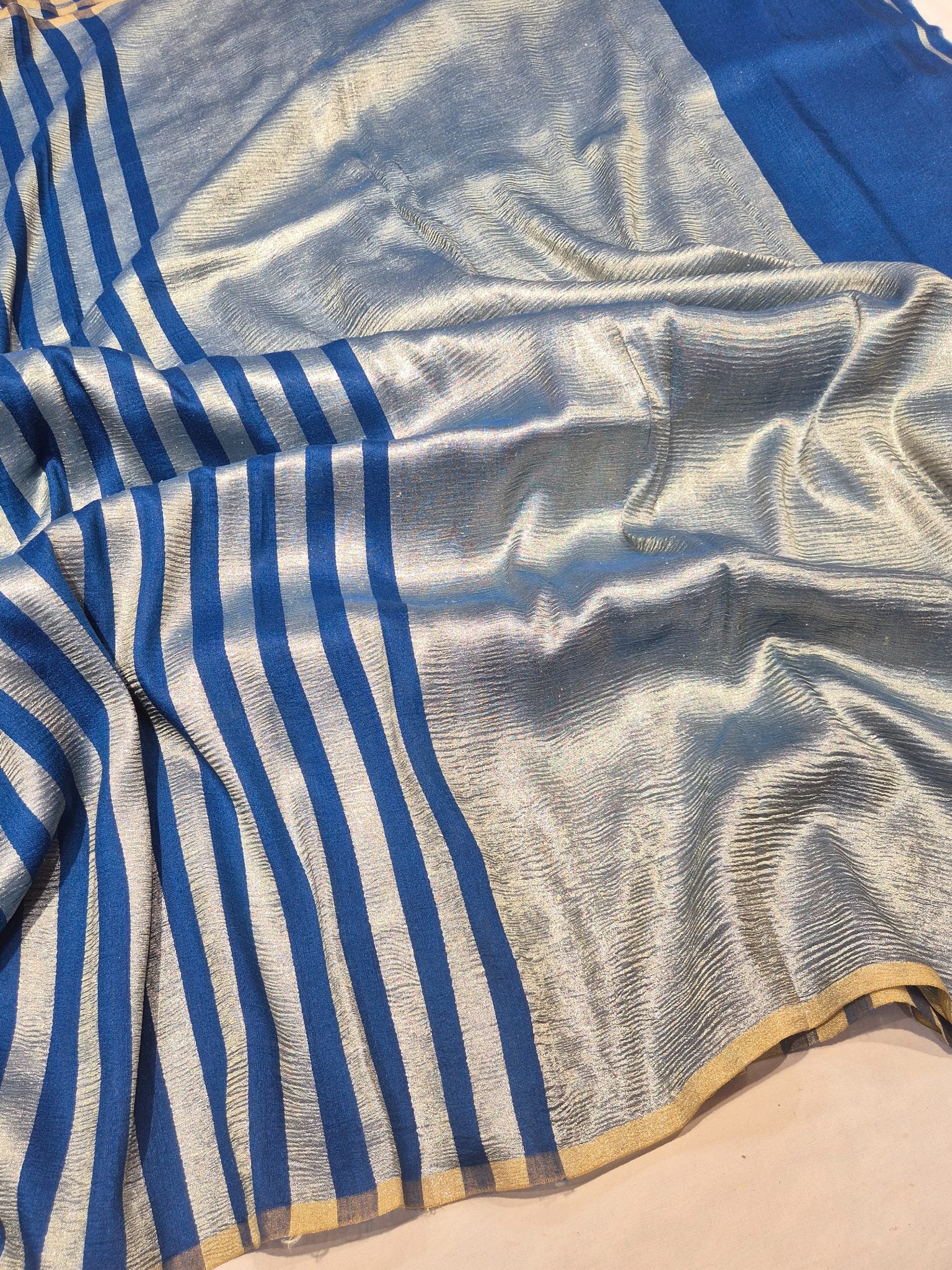 Peacock Blue Moonga Silk Banarasi saree front drape view