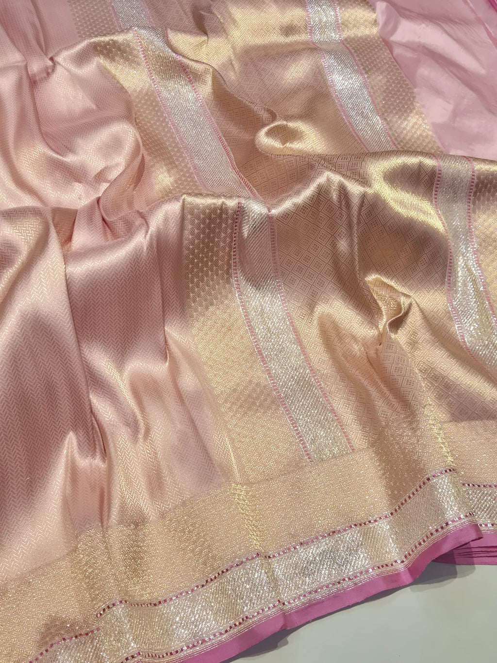 Pink Katan Silk Banarasi saree front drape view