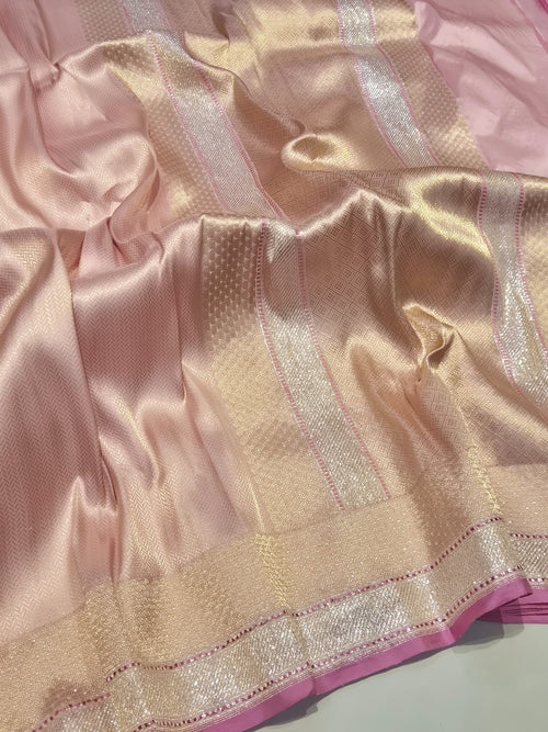 Pink Katan Silk Banarasi saree front drape view