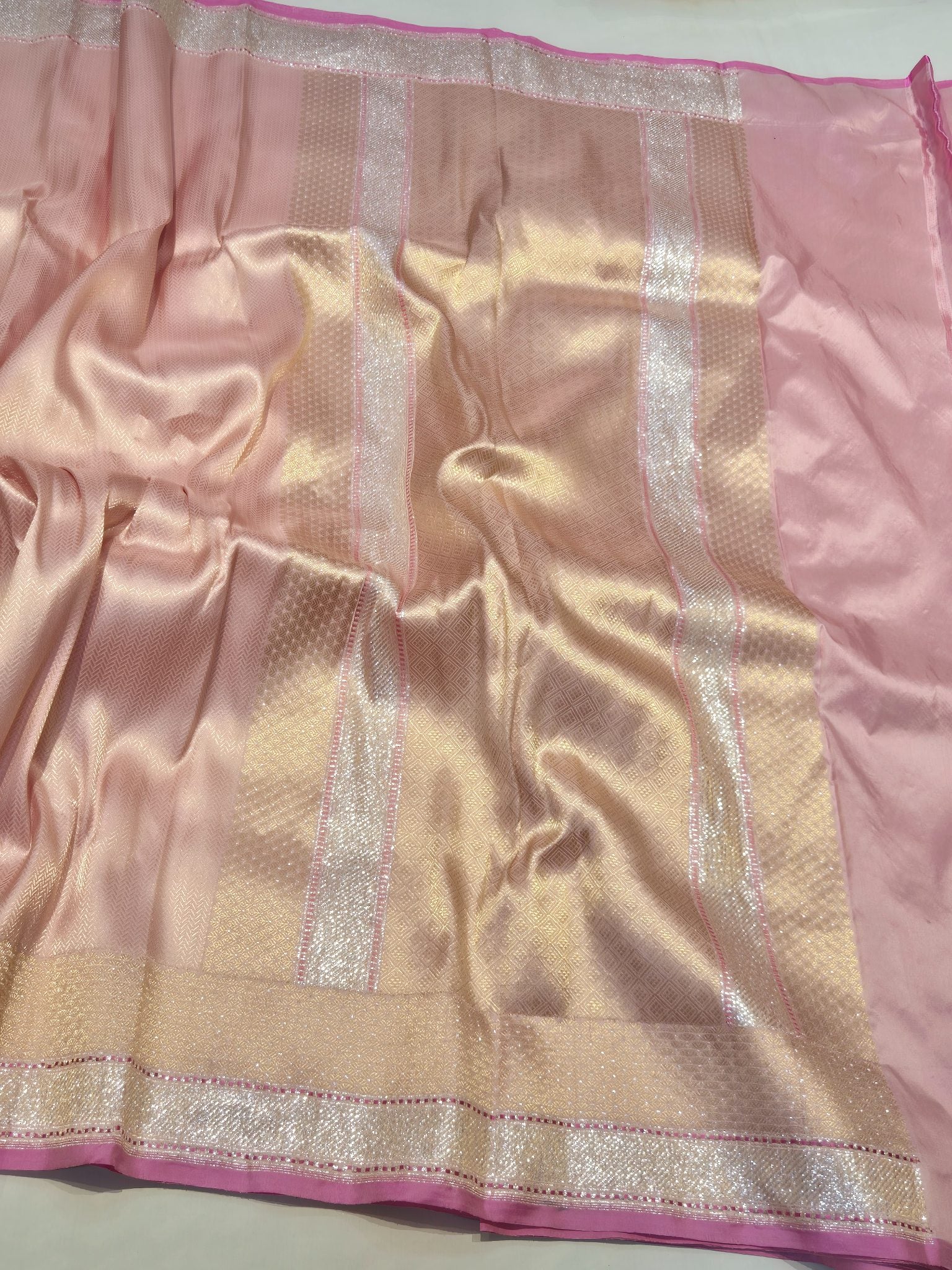 Pink Katan Silk Banarasi saree full spread