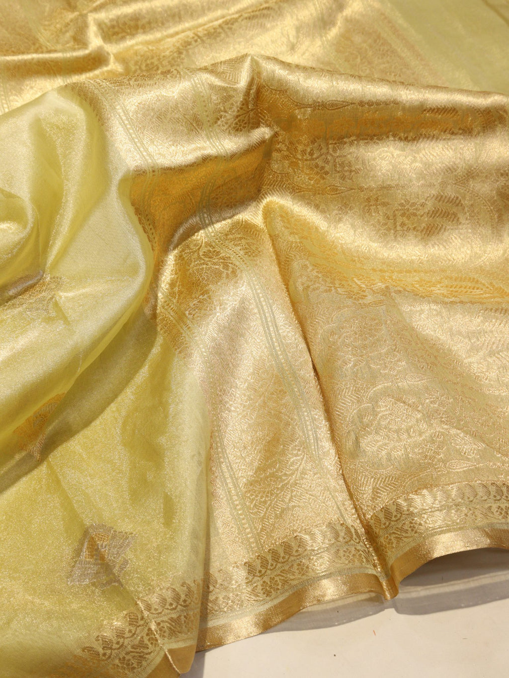Pista Green Pure Kora Tissue Banarasi saree front drape view