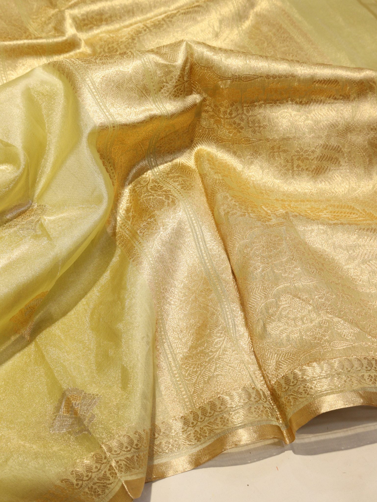 Pista Green Pure Kora Tissue Banarasi saree front drape view