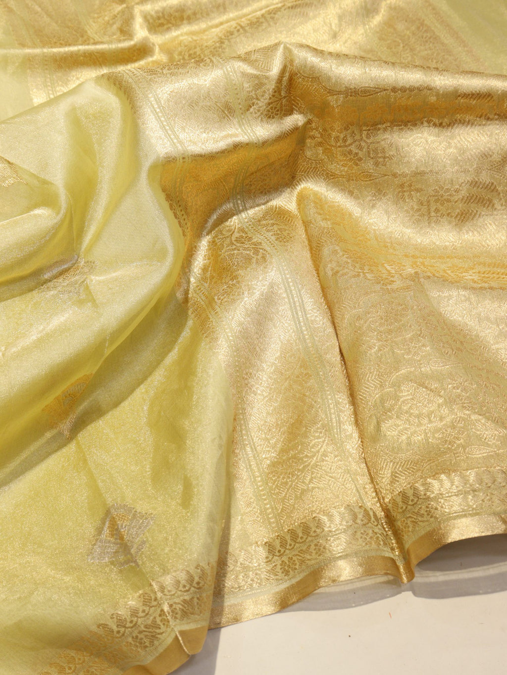 Pista Green Pure Kora Tissue Banarasi saree pallu detail