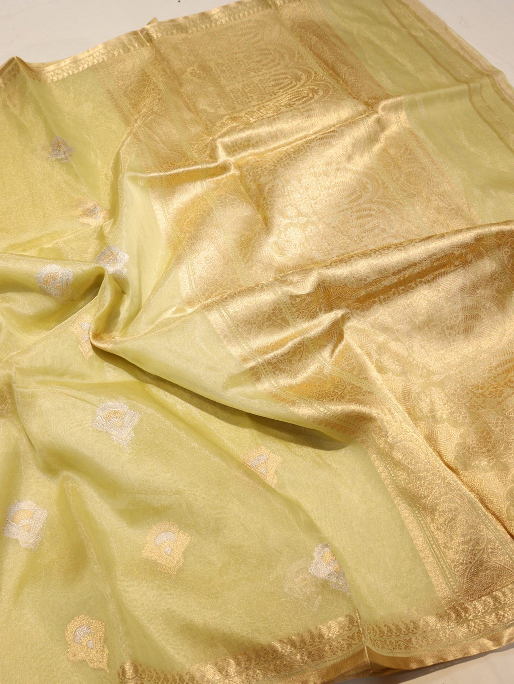 Pista Green Pure Kora Tissue Banarasi saree border closeup