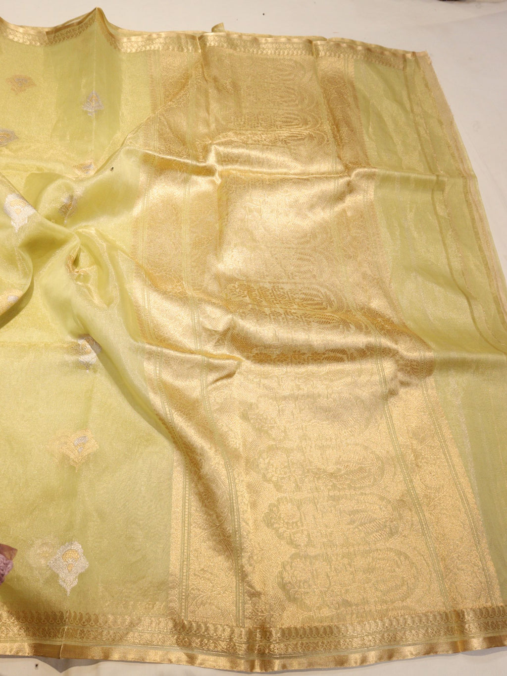 Pista Green Pure Kora Tissue Banarasi saree full spread