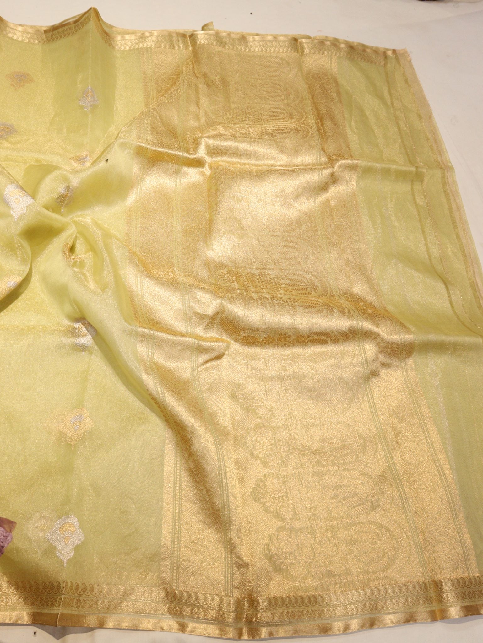 Pista Green Pure Kora Tissue Banarasi saree full spread