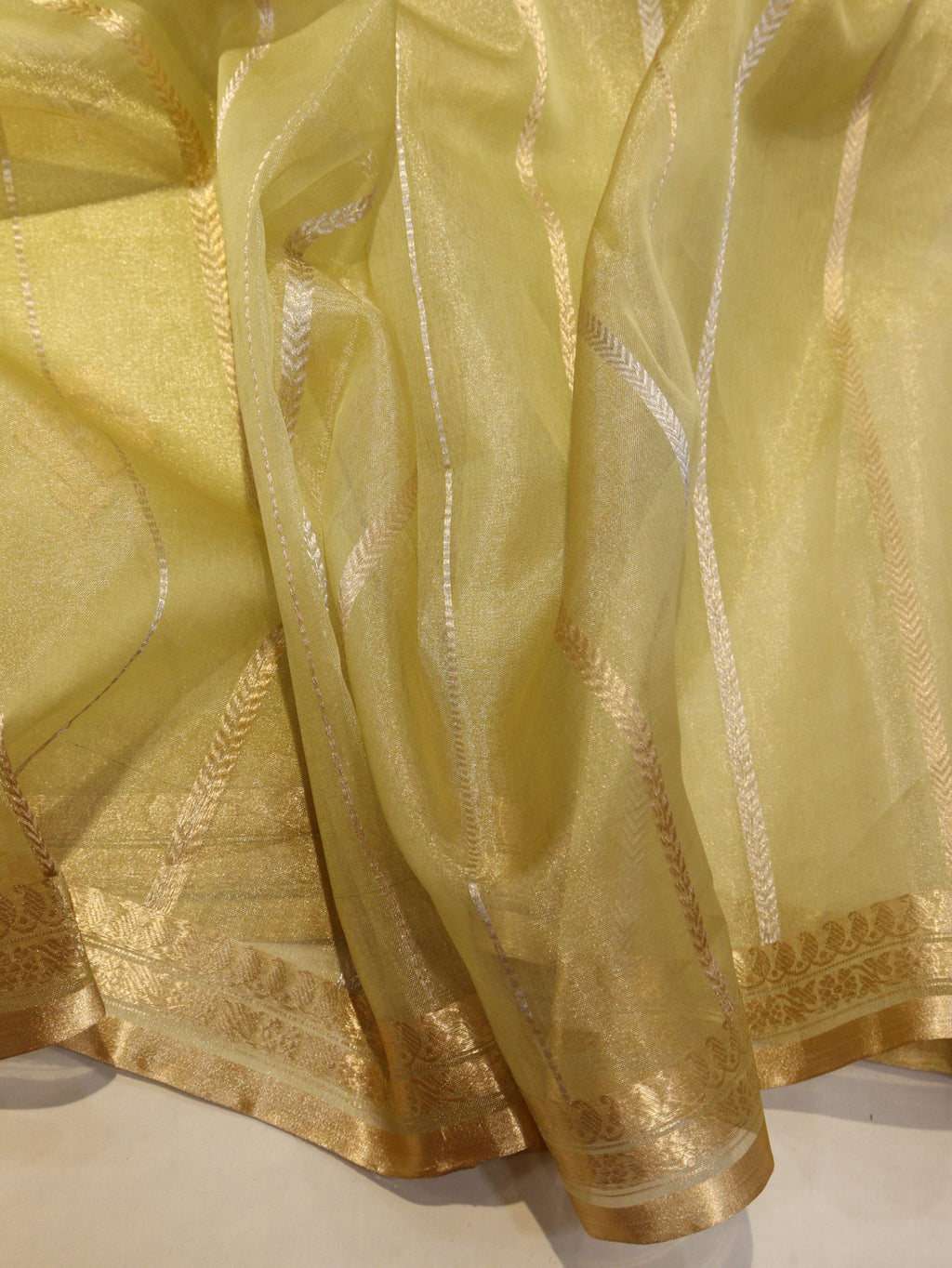 Pista Green Pure Kora Tissue Banarasi saree texture detail