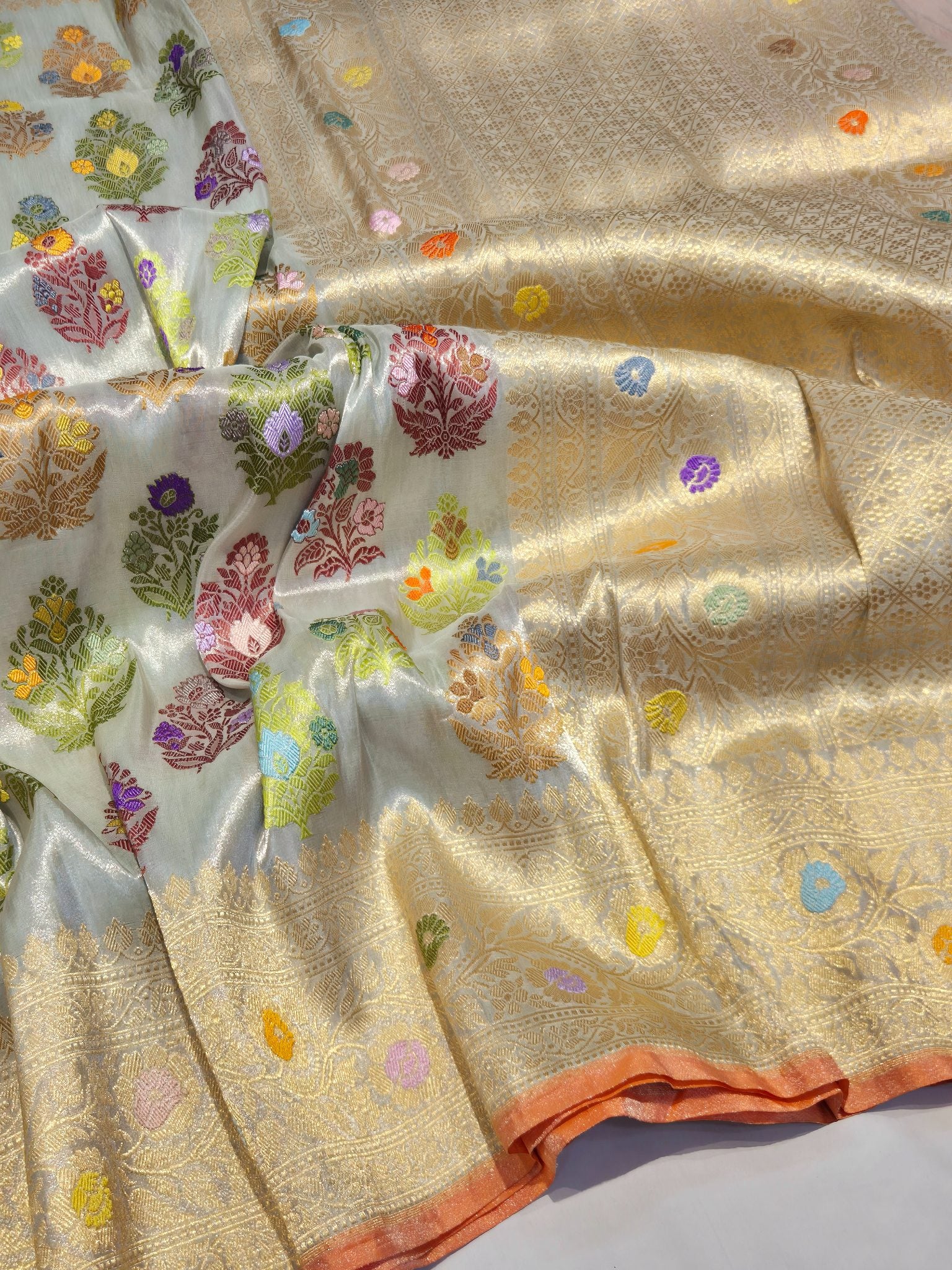 Ice Tissue Silk Banarasi saree front drape view