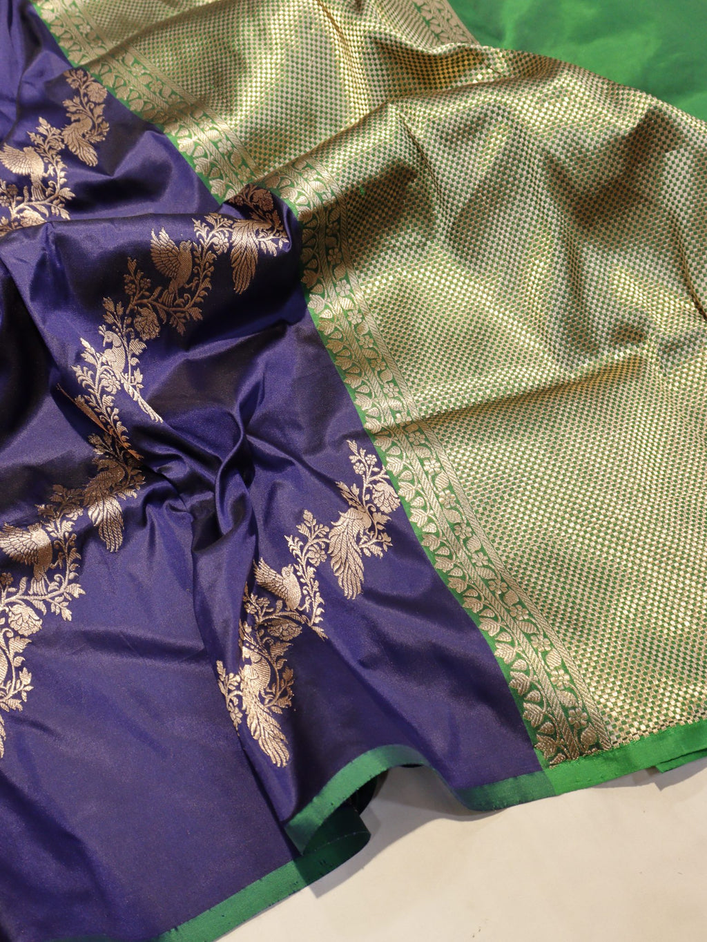 Navy Blue Katan Silk Banarasi saree front drape view