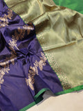 Navy Blue Katan Silk Banarasi saree front drape view