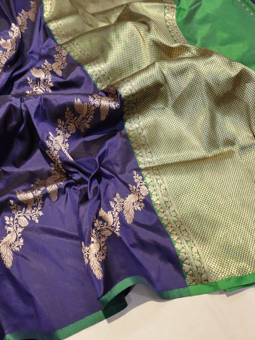 Navy Blue Katan Silk Banarasi saree pallu detail